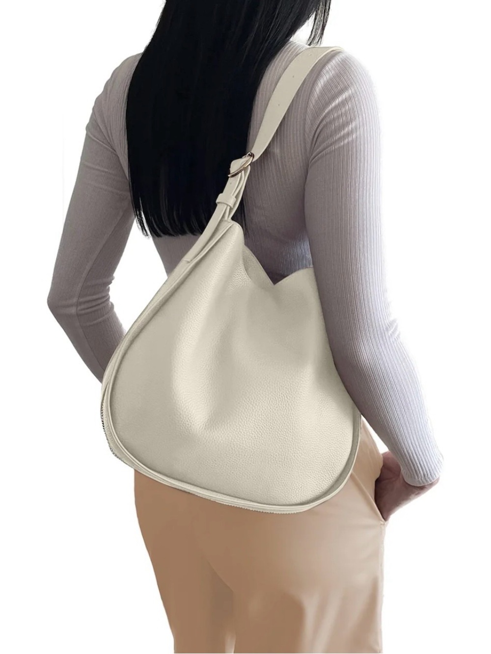 Tote Le Monde Soft Pebbled Cream Shoulder Bag with Gold-Tone Hardware